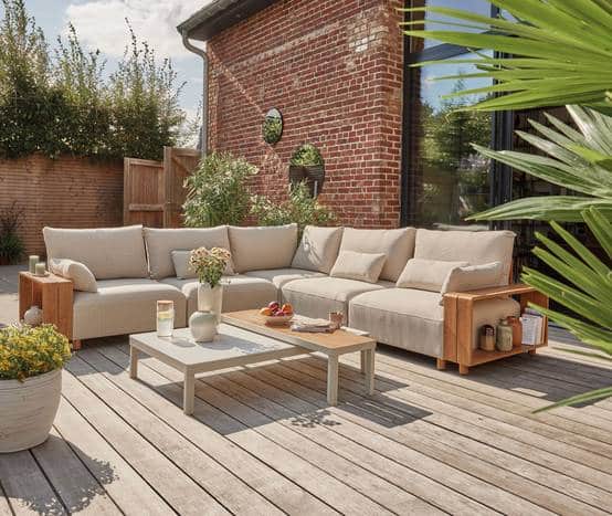 Gartenlounge Aluminium Creme und Holzoptik 7 Personen