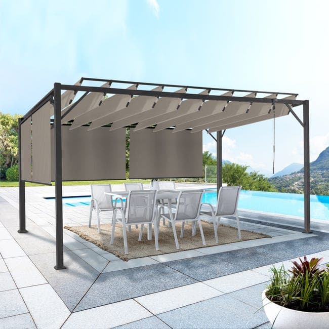 Pergola LUXE 3×4 m met verstelbare lamellen en 4 zijschermen taupe