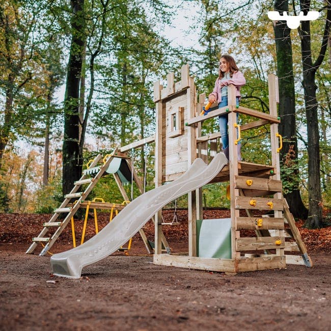 Houten speeltoestel Fatmoose BoldBaron met glijbaan en SurfSwing